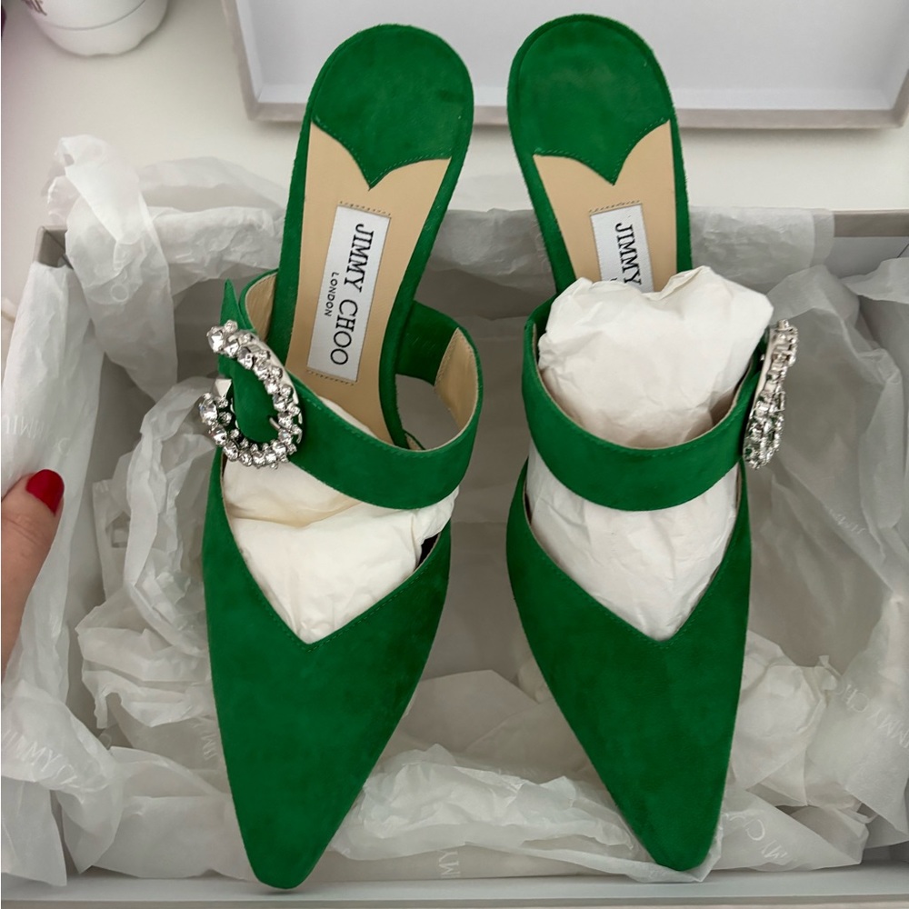 Green Jimmy Choo mule with rhinestone strap